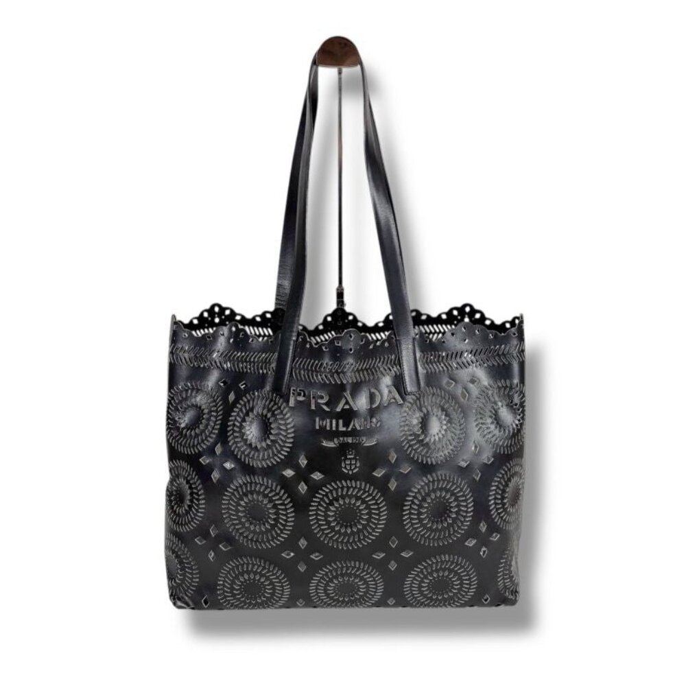Prada Punching Leather Tote Bag With Pouch Cutwork Black
